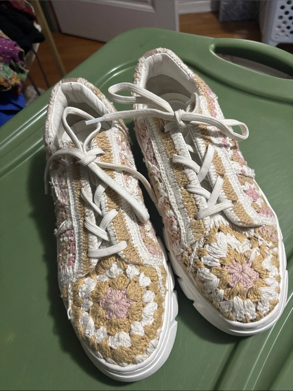 Free People Catch Me Uf You Can Crochet Knit Lace-Up Sneakers in Cream and Blush